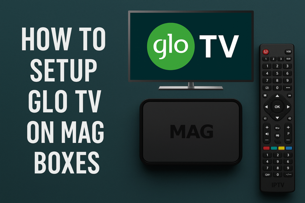 Glo TV setup screen on MAG box with remote, showing IPTV configuration interface for portal URL entry and device activation.